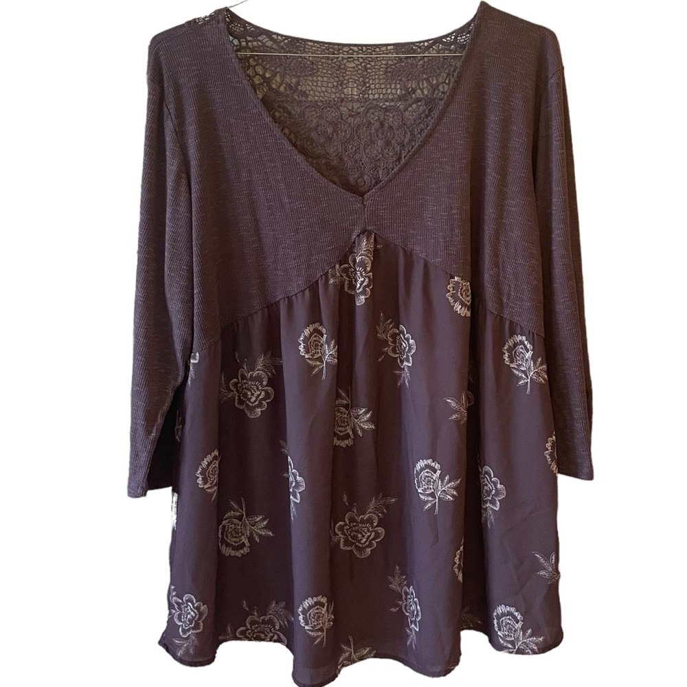 Maurices blouse | brown | floral | lace detail | dressy | Size XXL | 3/4 sleeves